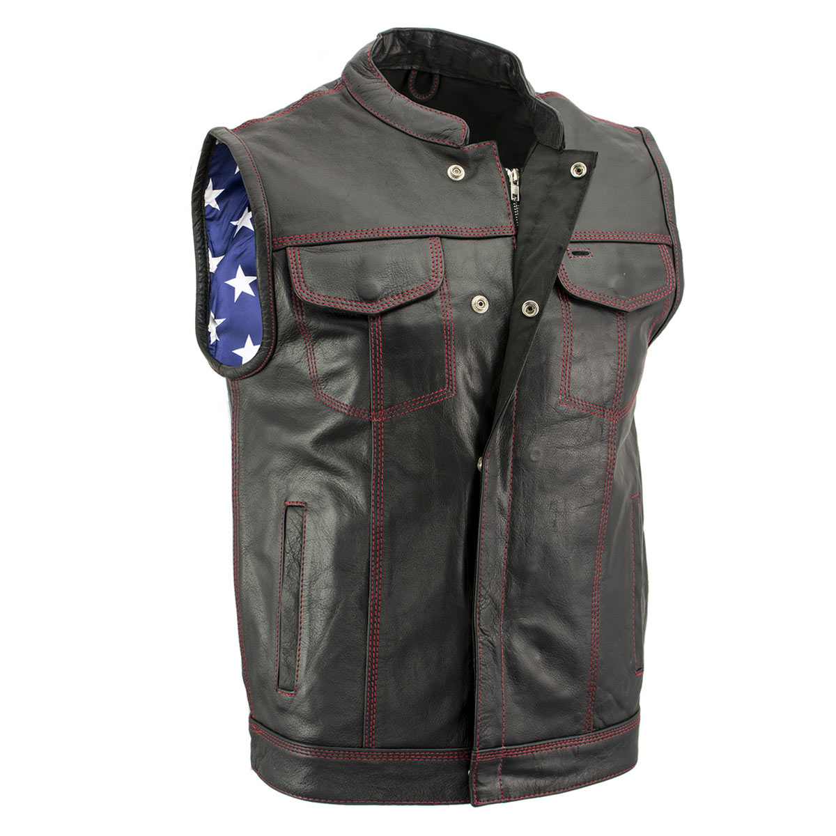 Milwaukee Leather LKM3780 Men’s Black Premium Leather Motorcycle Rider Vest w/ Red Stitching and USA Inside Flag Lining