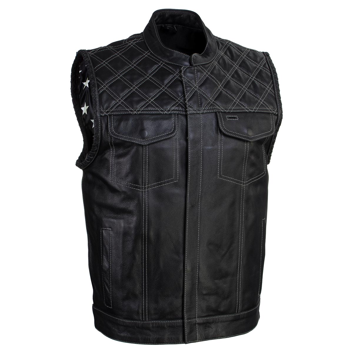 Milwaukee Leather LKM3784 Men’s Classic Black Leather Motorcycle Rider Vest Stars and Stripes Design w/ USA Flag Liner
