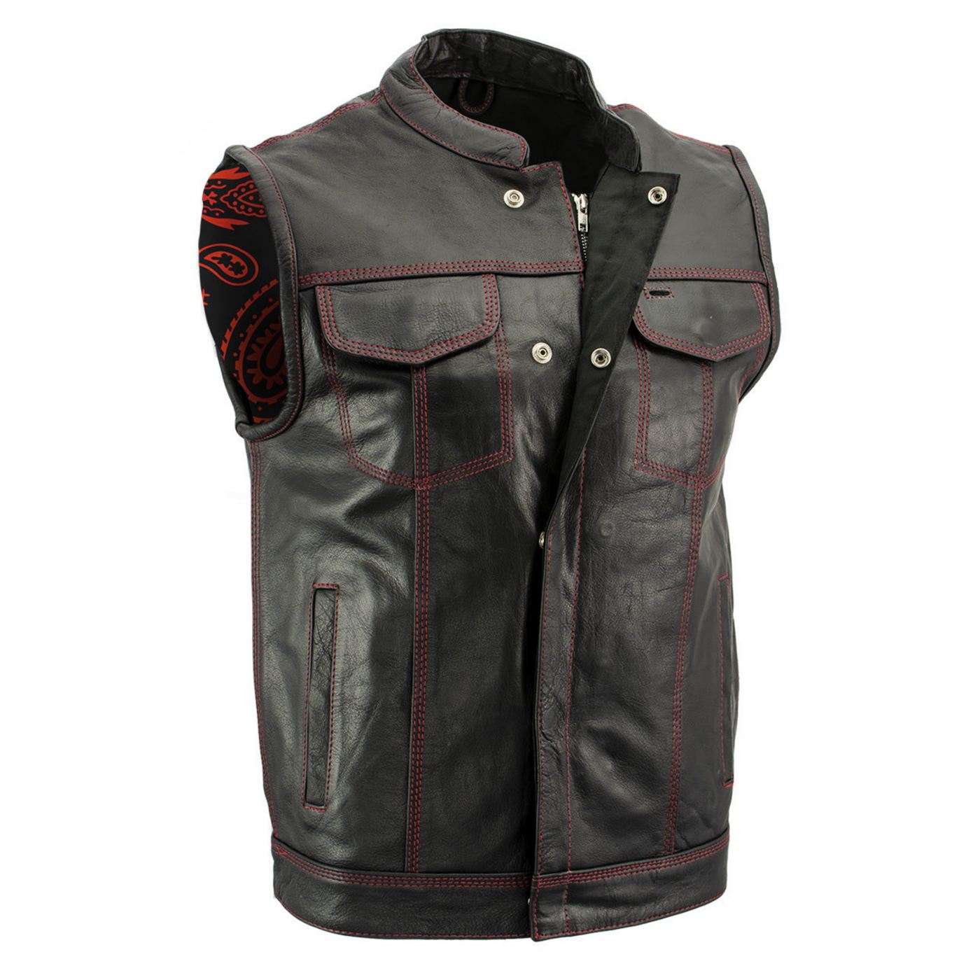 Milwaukee Leather Men’s Redline Ledger Club‑Style Motorcycle Premium Leather Vest w/ Red Stitching LKM3788