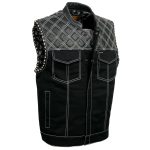 Milwaukee Leather MDM3035 Men’s Wrecker Club Vest – Black Denim & Leather, Diamond Quilt, White Stitch