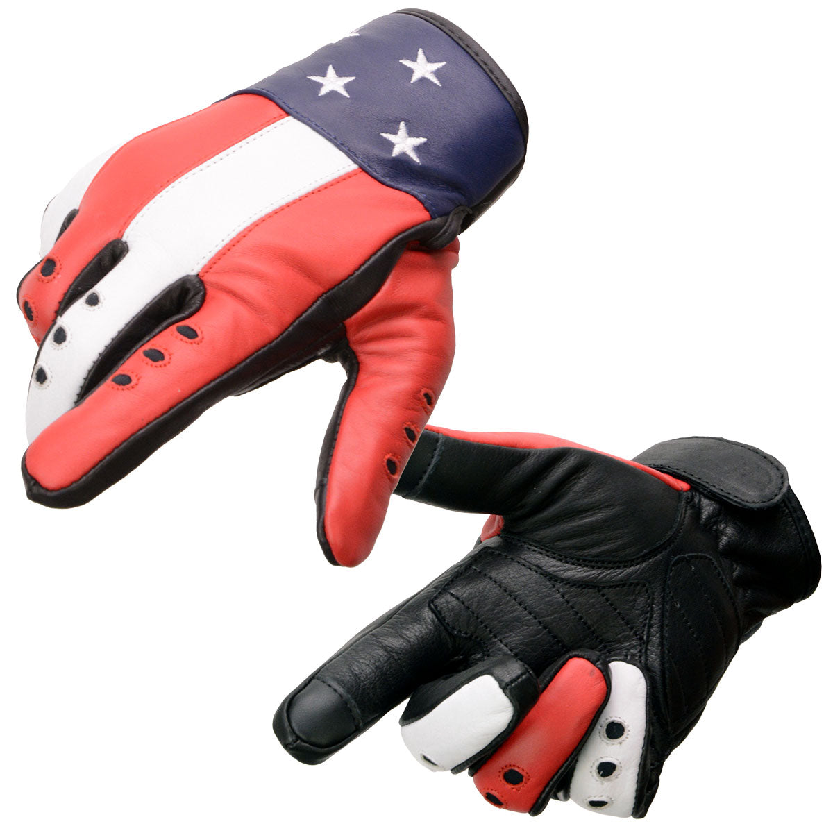 Milwaukee Leather MG7527 Men’s Black Leather i-Touch Screen Compatible Motorcycle Hand Gloves w/ Stars and Stripes