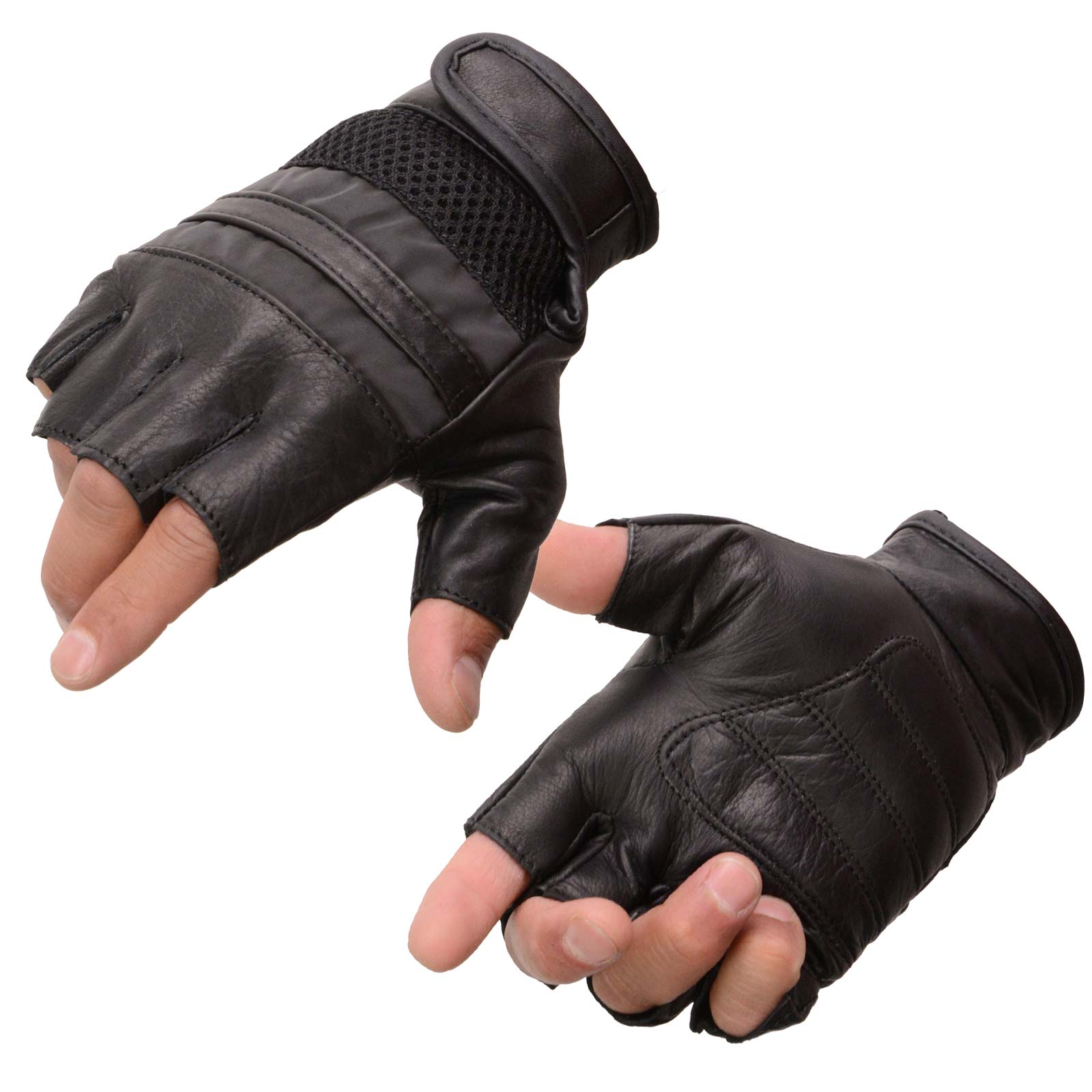 Milwaukee Leather MG7548 Men’s Black Leather Mesh Gel Palm Fingerless Reflective Motorcycle Gloves