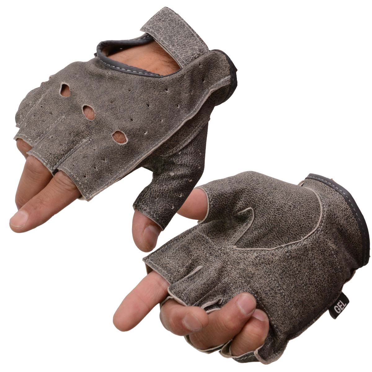Milwaukee Leather MG7557 Men’s Grey Leather Gel Padded Palm Fingerless Motorcycle Hand Gloves W/ Breathable ‘Open Knuckle’