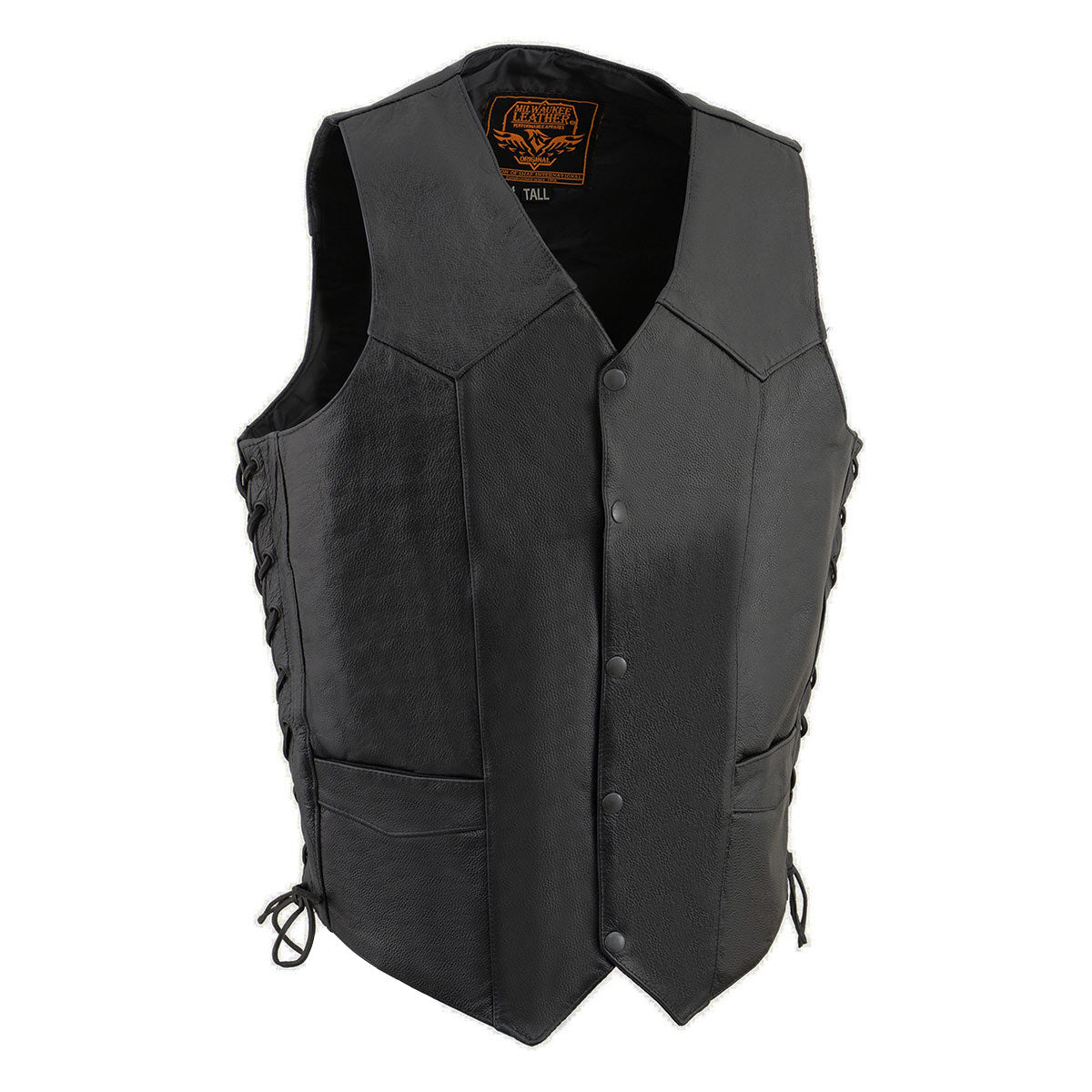 Milwaukee Leather SH1315Tall Men’s Classic Black Leather V-Neck Side Lace Motorcycle Rider Vest w/ Snap Closure