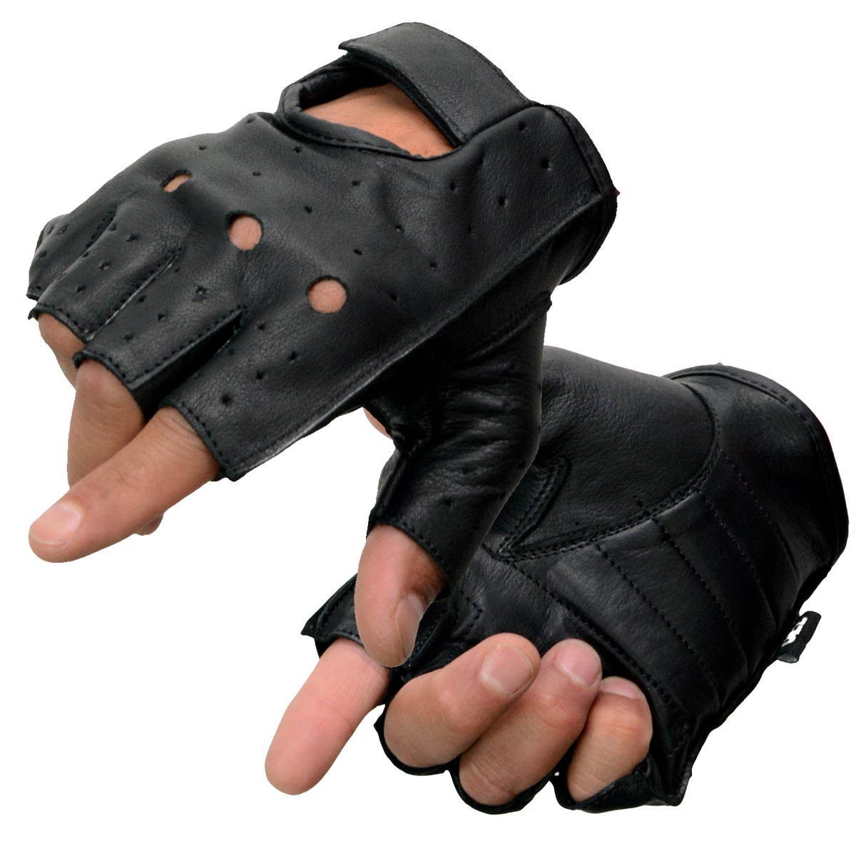 Milwaukee Leather SH195 Men’s Black Leather Perforated Gel Padded Palm Fingerless Motorcycle Hand Gloves W/ ‘Open Knuckle’