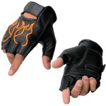 Milwaukee Leather SH198 Men’s Black Leather Gel Padded Palm Fingerless Motorcycle Gloves w/ Orange Flame Embroidery