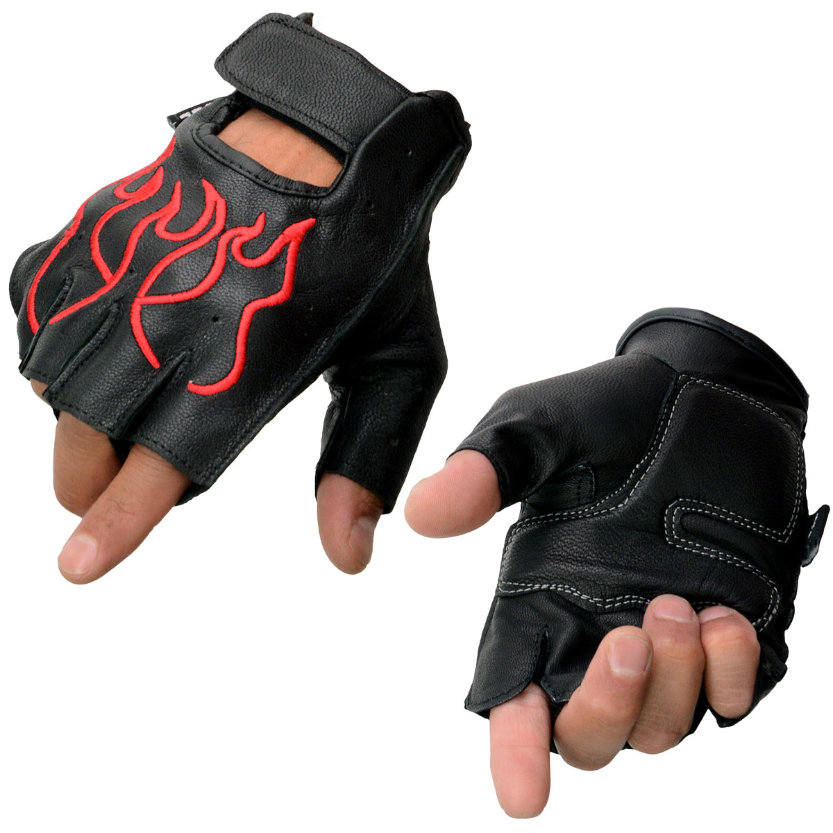 Milwaukee Leather SH198 Men’s Black Leather Gel Padded Palm Fingerless Motorcycle Gloves w/ Red Flame Embroidery