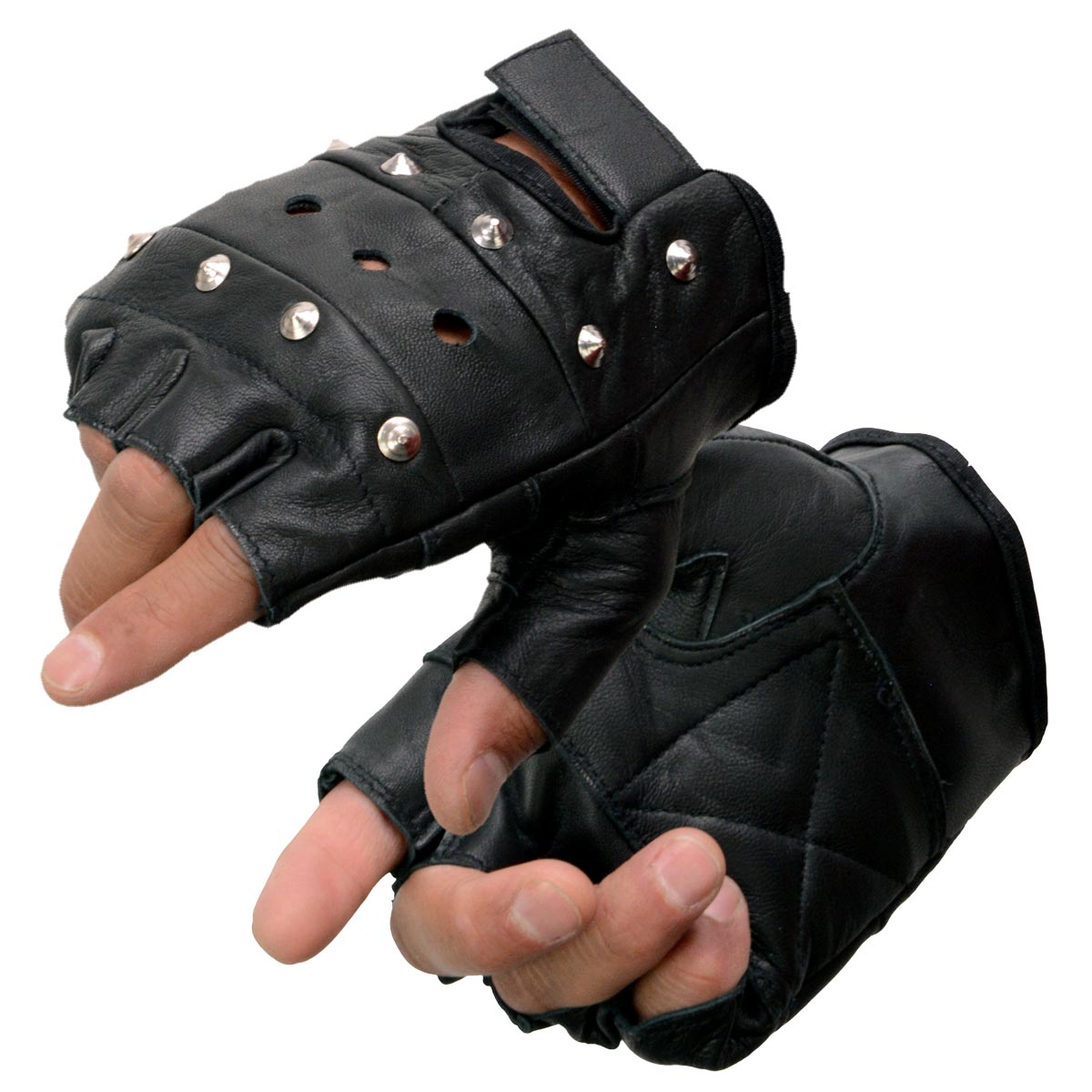 Milwaukee Leather SH211 Men’s Black Leather Gel Padded Palm Fingerless Motorcycle Hand Gloves W/ ‘Open Knuckle’ & Detailing