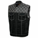 Milwaukee Leather MDM3035 Men’s Wrecker Club Vest – Black Denim & Leather, Diamond Quilt, White Stitch - Image 11