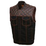 Milwaukee Leather MDM3037 Men’s Wrecker Club Vest – Black Denim & Leather, Diamond Quilt, Orange Stitch - Image 10