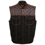 Milwaukee Leather MDM3037 Men’s Wrecker Club Vest – Black Denim & Leather, Diamond Quilt, Orange Stitch - Image 11