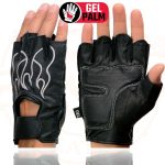 Milwaukee Leather SH198 Men’s Black Leather Gel Padded Palm Fingerless Motorcycle Gloves w/ Grey Flame Embroidery - Image 2