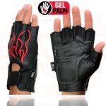 Milwaukee Leather SH198 Men’s Black Leather Gel Padded Palm Fingerless Motorcycle Gloves w/ Red Flame Embroidery - Image 2