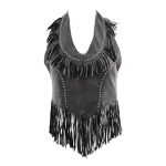 Genuine Leather ML1897 Ladies ‘Fringed’ Black Leather Halter Top - Image 2