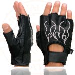Milwaukee Leather SH198 Men’s Black Leather Gel Padded Palm Fingerless Motorcycle Gloves w/ Grey Flame Embroidery - Image 4