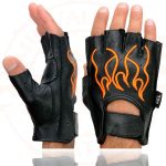 Milwaukee Leather SH198 Men’s Black Leather Gel Padded Palm Fingerless Motorcycle Gloves w/ Orange Flame Embroidery - Image 4