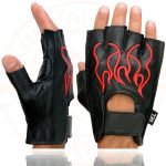 Milwaukee Leather SH198 Men’s Black Leather Gel Padded Palm Fingerless Motorcycle Gloves w/ Red Flame Embroidery - Image 4