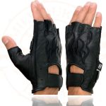 Milwaukee Leather SH198 Men’s Black Leather Gel Padded Palm Fingerless Motorcycle Gloves w/ Flame Embroidery - Image 6