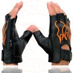 Milwaukee Leather SH198 Men’s Black Leather Gel Padded Palm Fingerless Motorcycle Gloves w/ Orange Flame Embroidery - Image 5