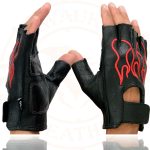 Milwaukee Leather SH198 Men’s Black Leather Gel Padded Palm Fingerless Motorcycle Gloves w/ Red Flame Embroidery - Image 5