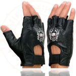 Milwaukee Leather SH351 Men’s ‘Flaming Skull’ Black Leather Fingerless Gloves - Image 4