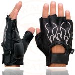 Milwaukee Leather SH198 Men’s Black Leather Gel Padded Palm Fingerless Motorcycle Gloves w/ Grey Flame Embroidery - Image 6