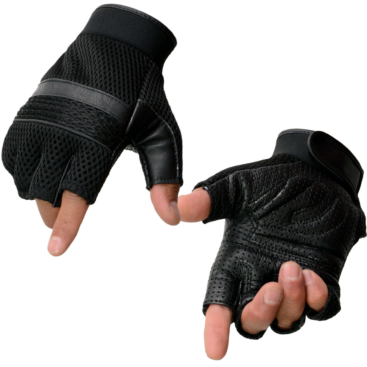 Milwaukee Leather MG7504 Men’s Black Perforated Mesh Gel Palm Fingerless Motorcycle Hand Gloves W/ ‘Reflective Piping’
