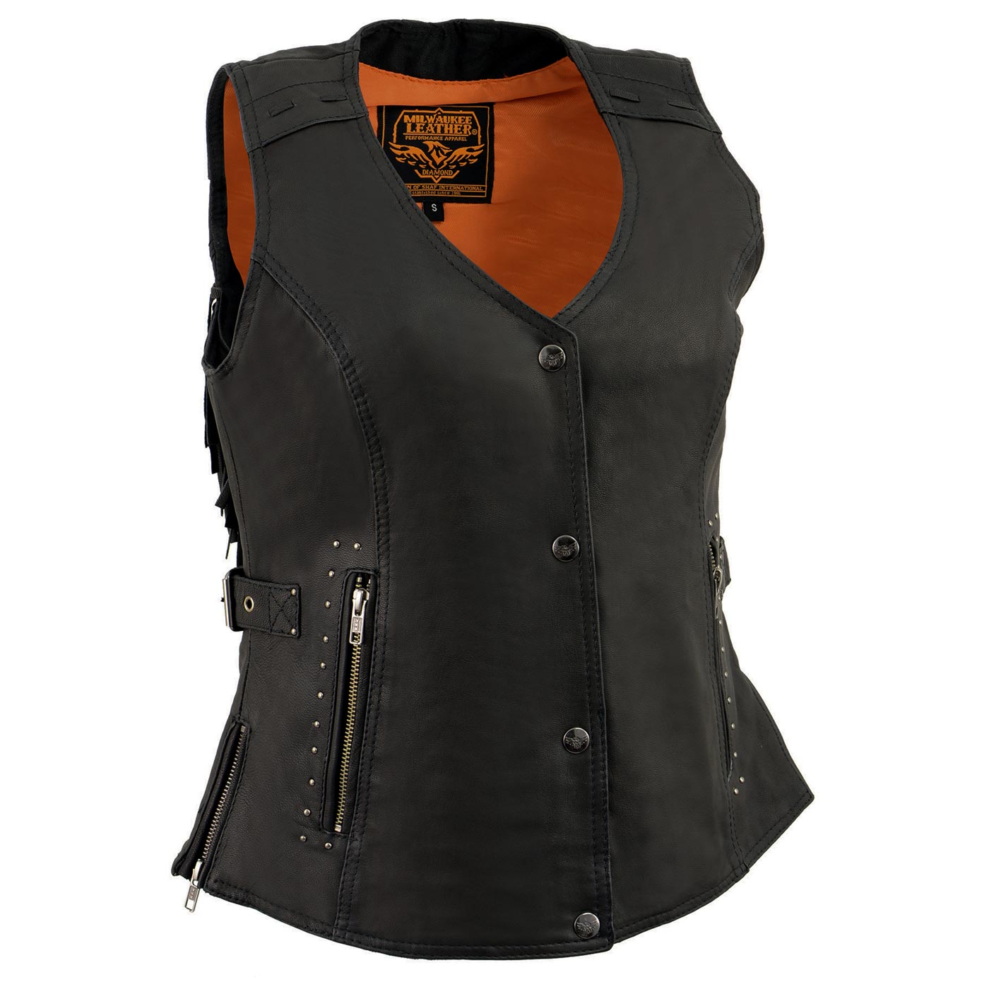 Milwaukee Leather MLL4565 Women’s Black Fringed Leather Rivet Detail Side Buckle and Zipper Motorcycle Rider Vest