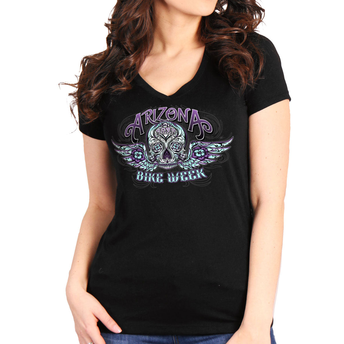 Hot Leathers AZL1406 Women’s 2023 Arizona Bike Week Sugar Skull T-Shirt