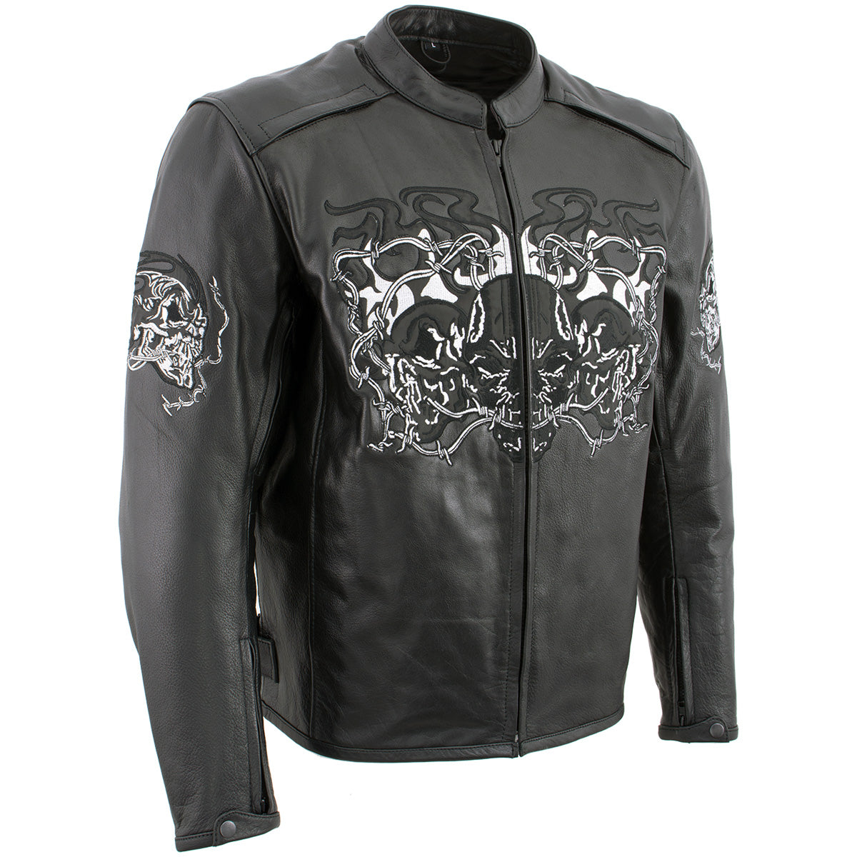 Milwaukee Leather LKM17008 Men’s Premium Black Reflective Skulls Cruiser Style Motorcycle Jacket w/ CE Armor
