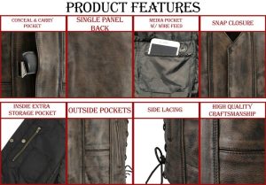 M Boss Motorcycle Apparel BOS13501 Men’s Distressed Brown Leather 10 Pocket Motorcycle Vest w/ Quick Draw Pocket - Image 3