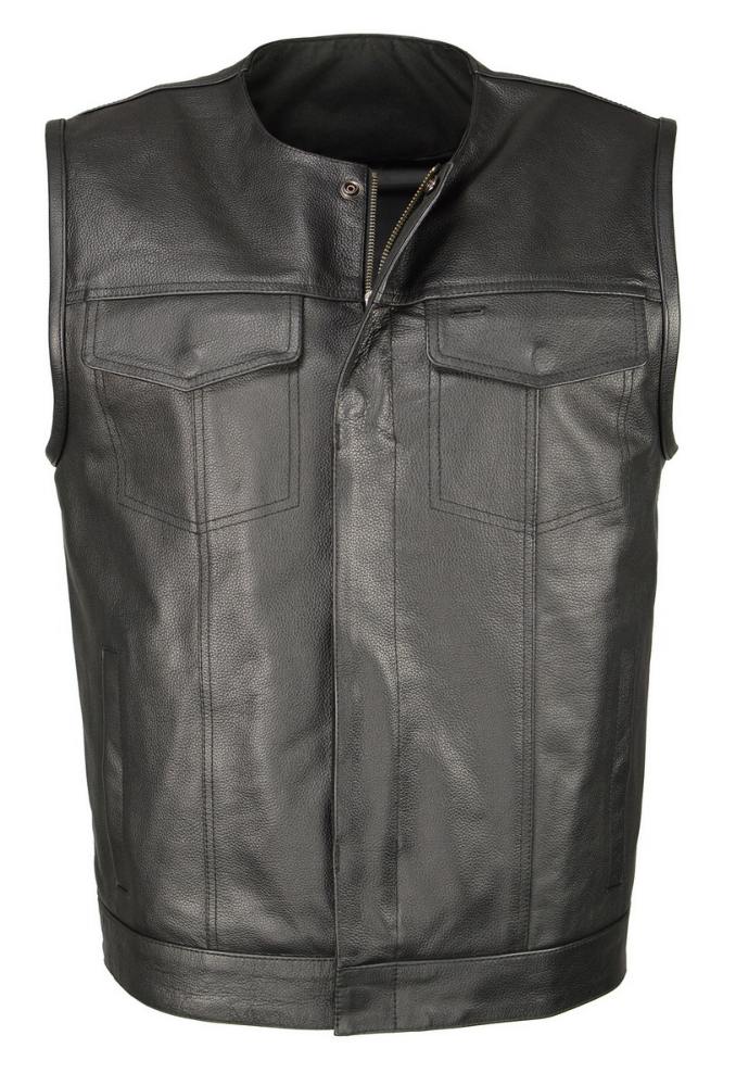 M Boss Motorcycle Apparel BOS13504 Men’s Black Leather Collarless Club Style Vest with Quick Draw Pocket