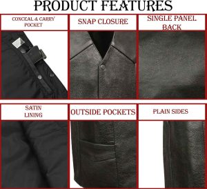 M-Boss Motorcycle Apparel BOS13514T Men’s Black Classic Western Style Conceal/Carry Biker Leather Vest in TALL SIZES - Image 4