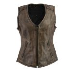M Boss Motorcycle Apparel BOS24501 Women’s Black and Beige Leather Plain Side Motorcycle Biker Rider Vest