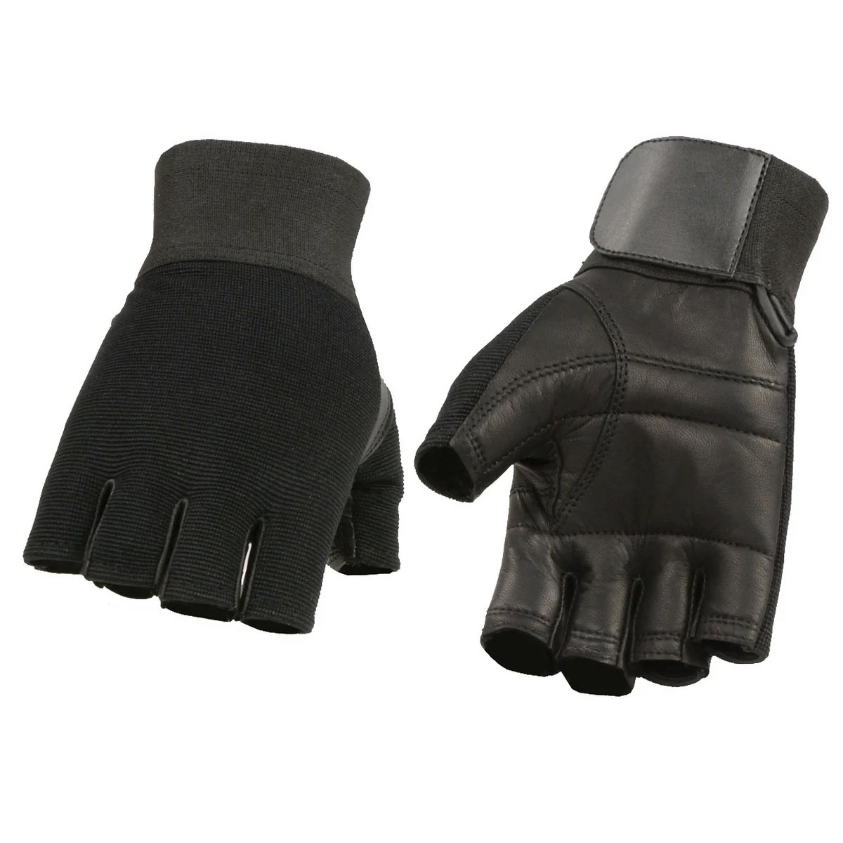 M Boss Motorcycle Apparel BOS37562 Men’s Black Leather with Spandex Fingerless Gloves