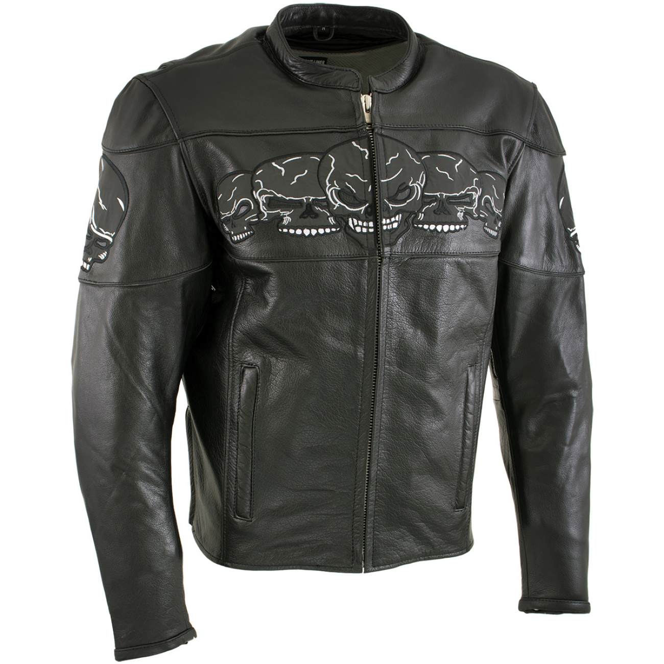 Milwaukee Leather LKM17011 Men’s 3 Skull Head Premium Black Leather Motorcycle Jacket with CE Armor