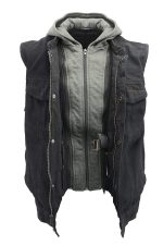 Men’s Denim Rustic and Casual Black Jean Club Style Biker Riding Vest with Removable Hoodie BZ7200 - Image 2