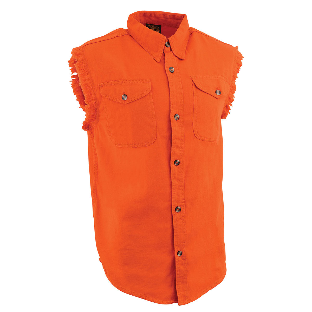 Milwaukee Leather DM1003 Men’s Orange Lightweight Denim Shirt with Sleeveless Frayed Cut Off
