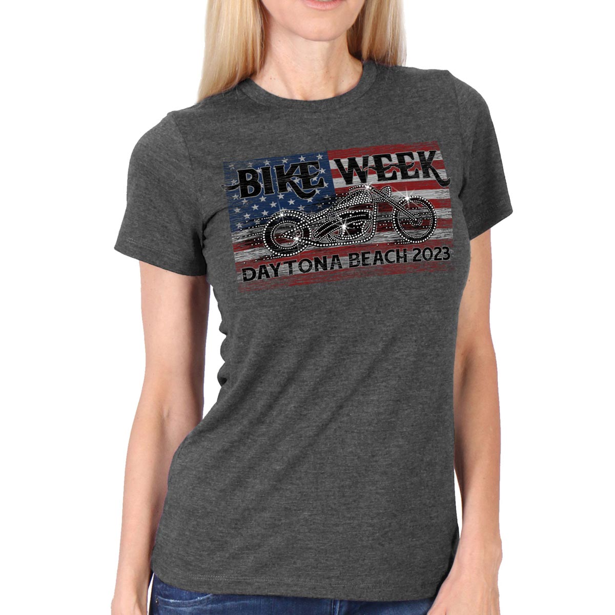 Hot Leathers EDL1063 Women’s 2023 Daytona Bike Week Bling Bike Grey T-Shirt