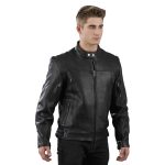 Genuine Leather EL1409 Men’s Black Leather Vented Mandarin Collar Racer Jacket - Image 3