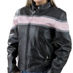 Genuine Leather EL7111 Ladies Black and Pink Racer Style Leather Jacket - Image 2