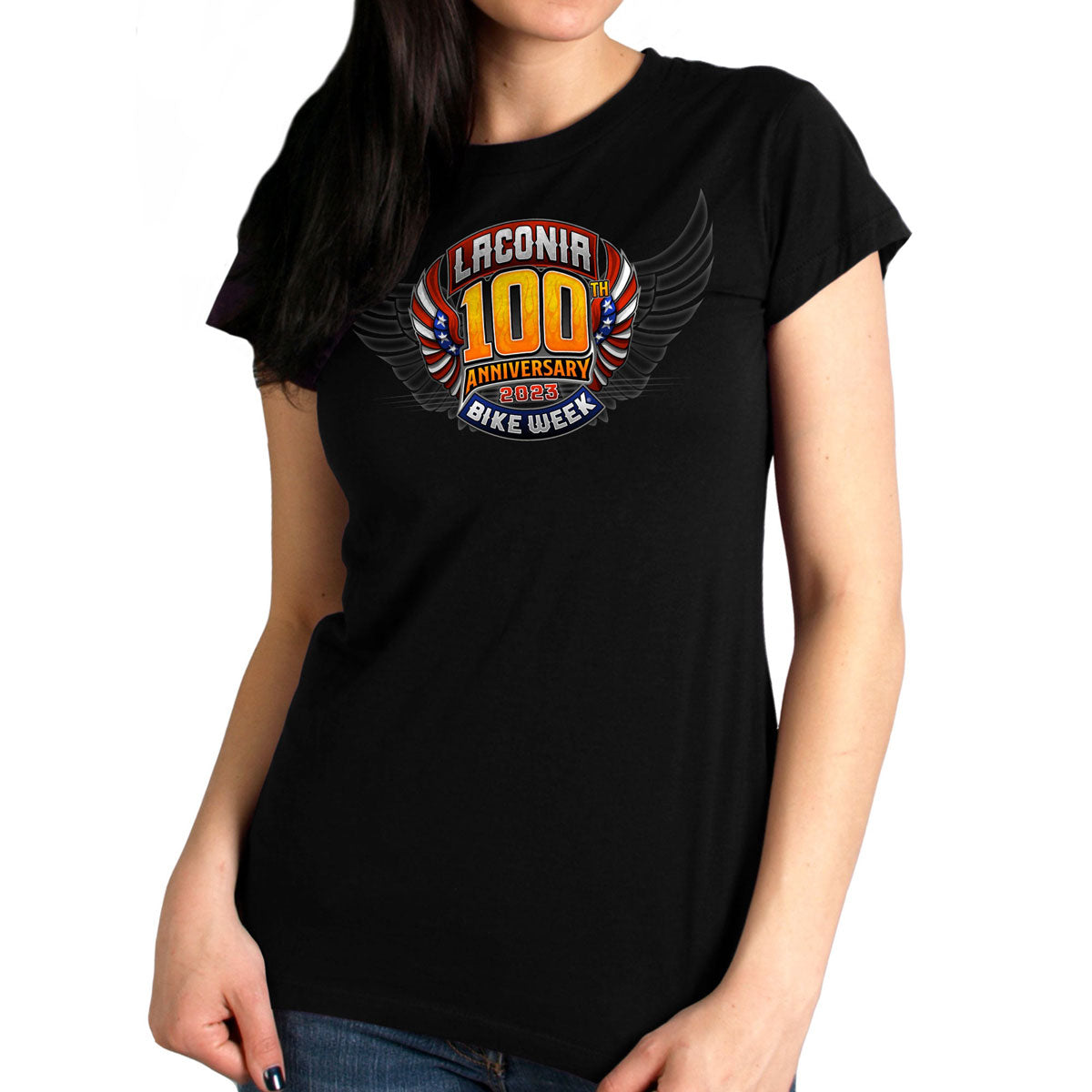 Hot Leathers ELL1081 Women’s Black Laconia Bike Week 2023 100th Anniversary T-Shirt