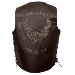 Event Leather ELM3900 Men’s ‘Live to Ride’ Brown Leather Side Lace Vest with Flying Eagle Emboss