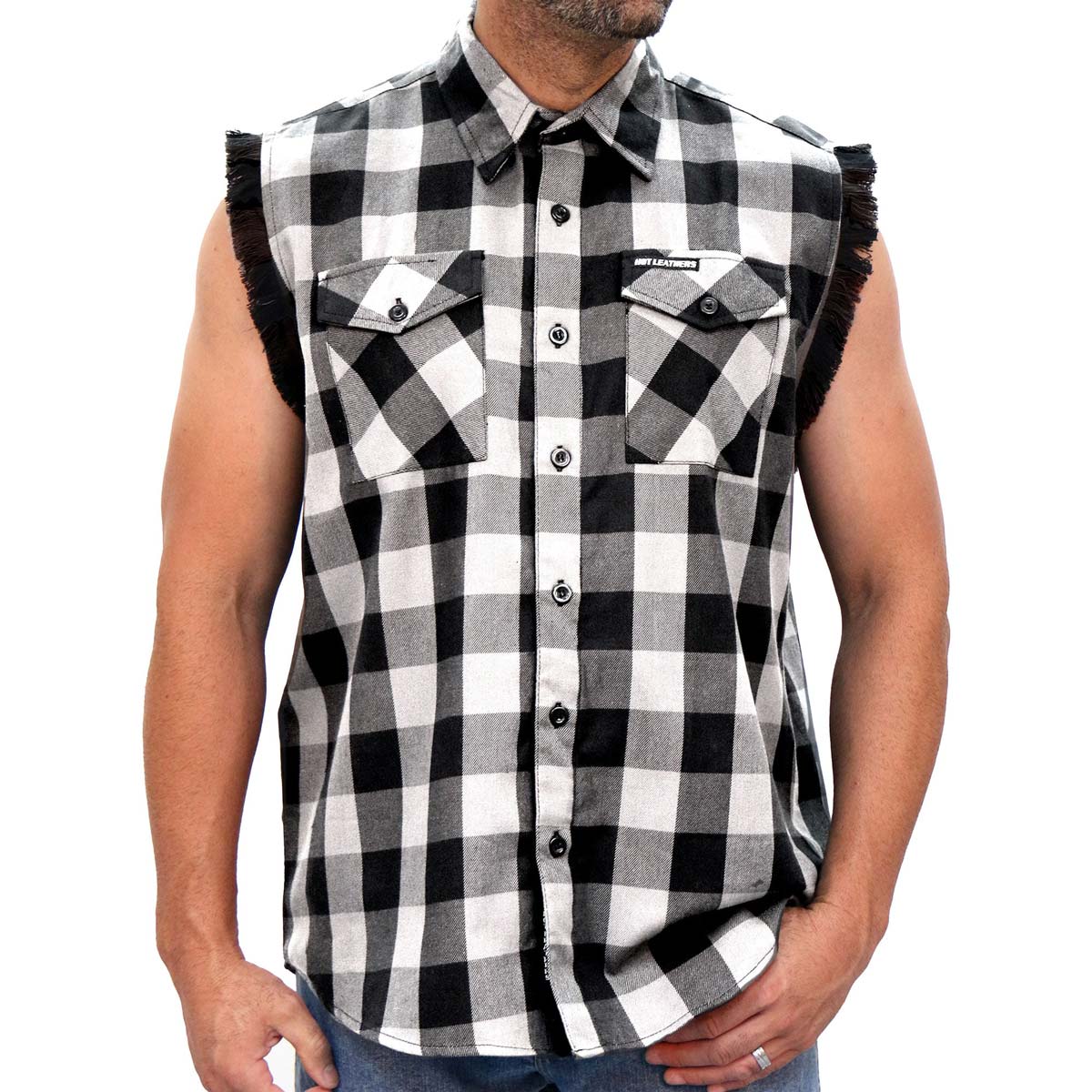Hot Leathers FLM5202 Men’s Black and White Sleeveless Flannel Fringe Shirt