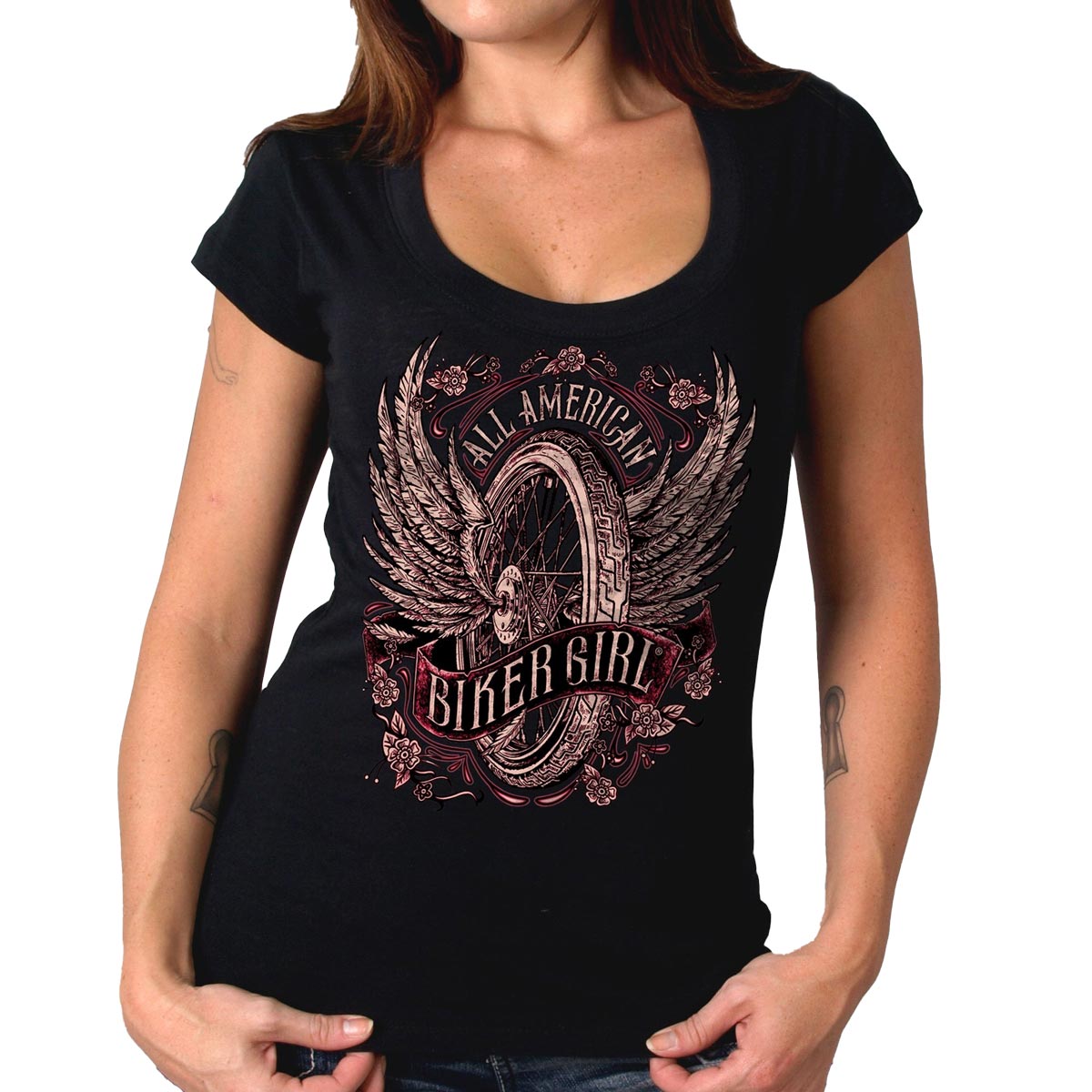 Hot Leathers GLC1518 Women’s Black All American Biker Girl Scoop Neck Printed T-Shirt