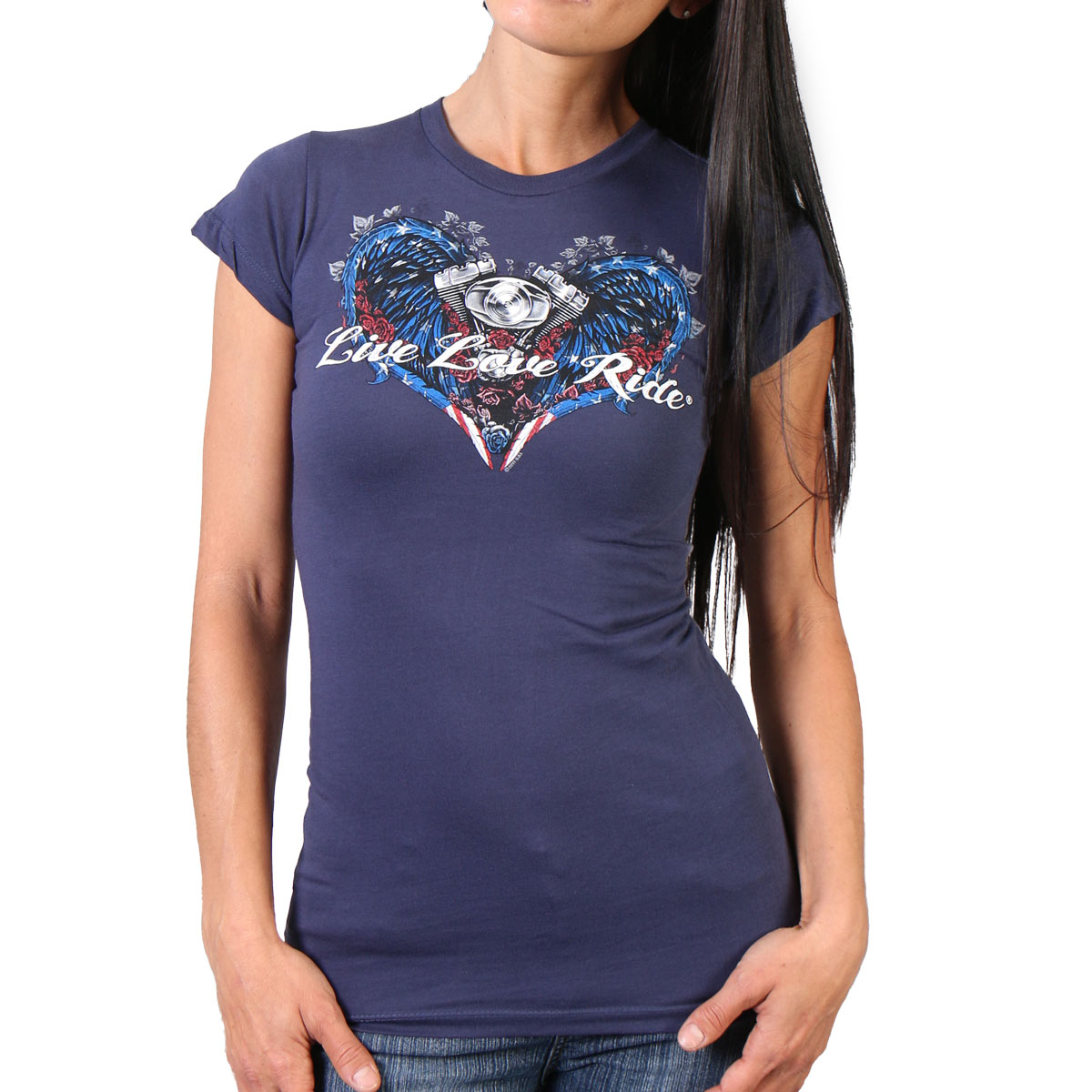 Hot Leathers GLD1297 ‘Live,Love, Ride’ Ladies Angel Wings Navy Blue  T-Shirt