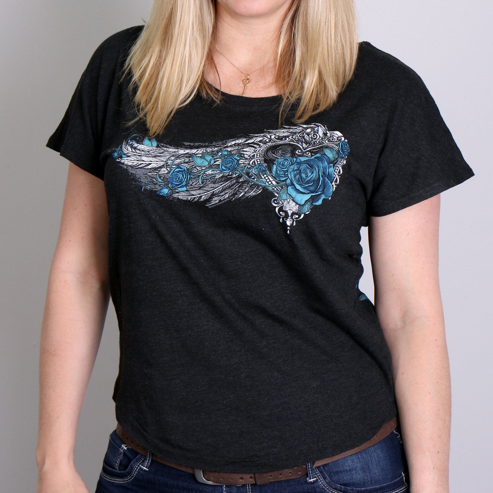 Hot Leathers GLD1345 ‘Angel Roses’ Dolman Relax Fit Full Cut Ladies Vintage Black Tee