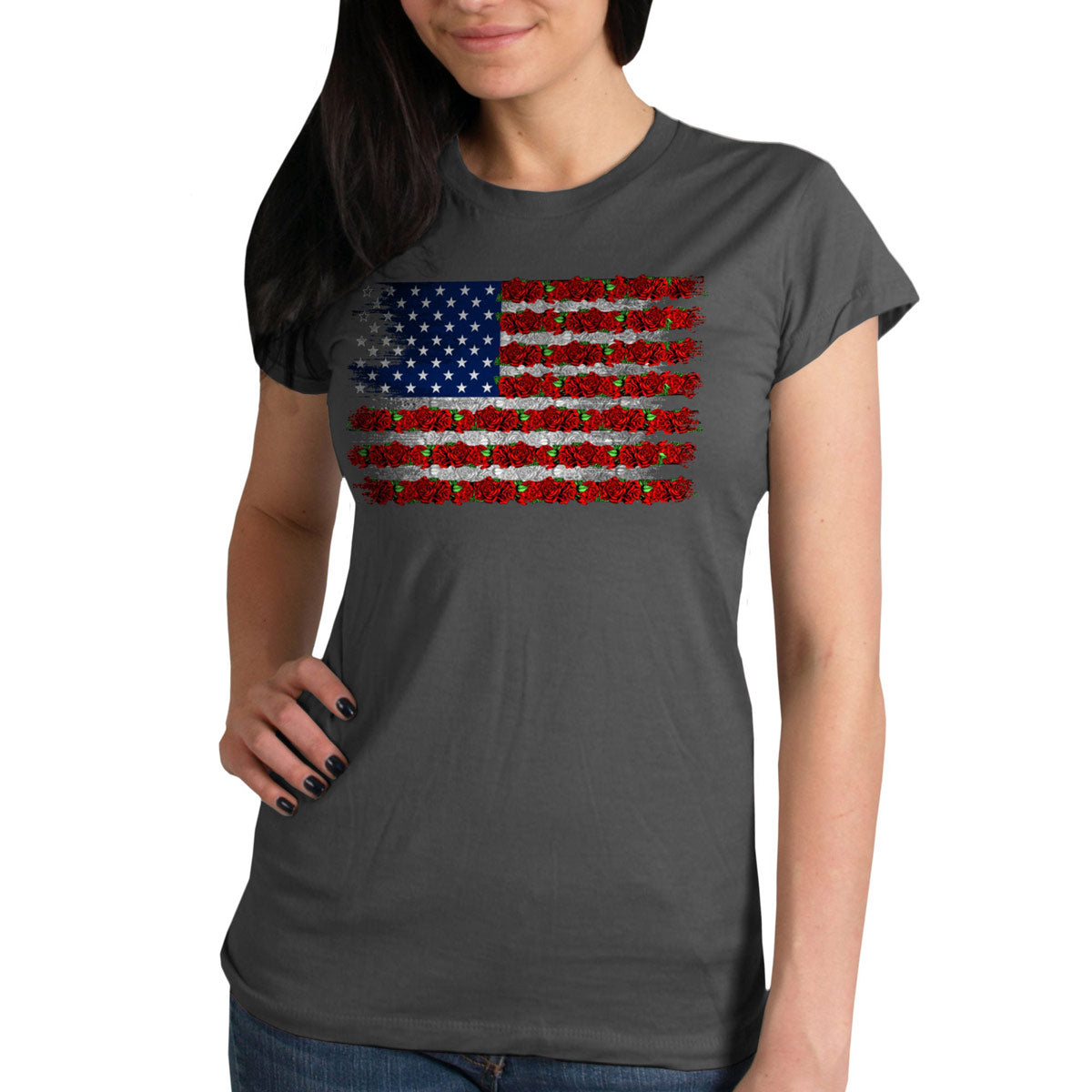 Hot Leathers GLR1567 Women’s Charcoal Short Sleeve Flag Rose T-Shirt