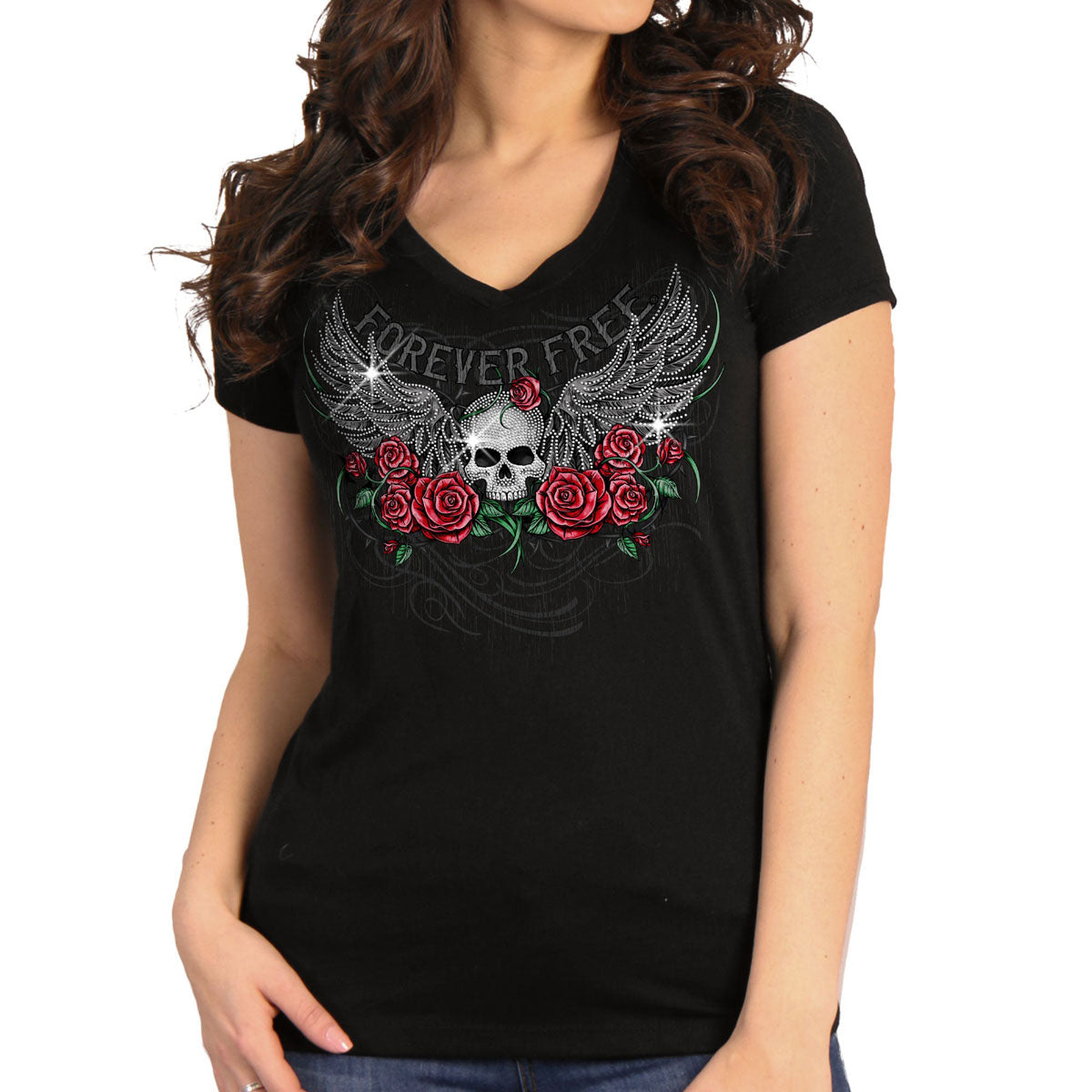 Hot Leathers GLR1575 Women’s Black Short Sleeve Skull Wing Roses T-Shirt