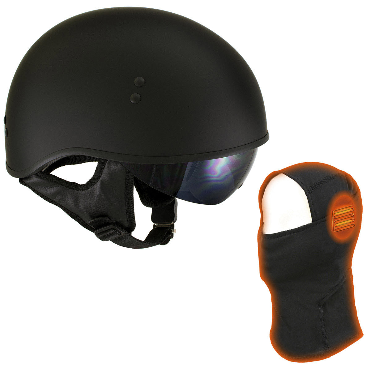 Hot Leathers T72 ‘Black Widow’ Flat Black DOT Half Helmet for Men and Women w/ MP7922FMSET Heated Balaclava Bundle